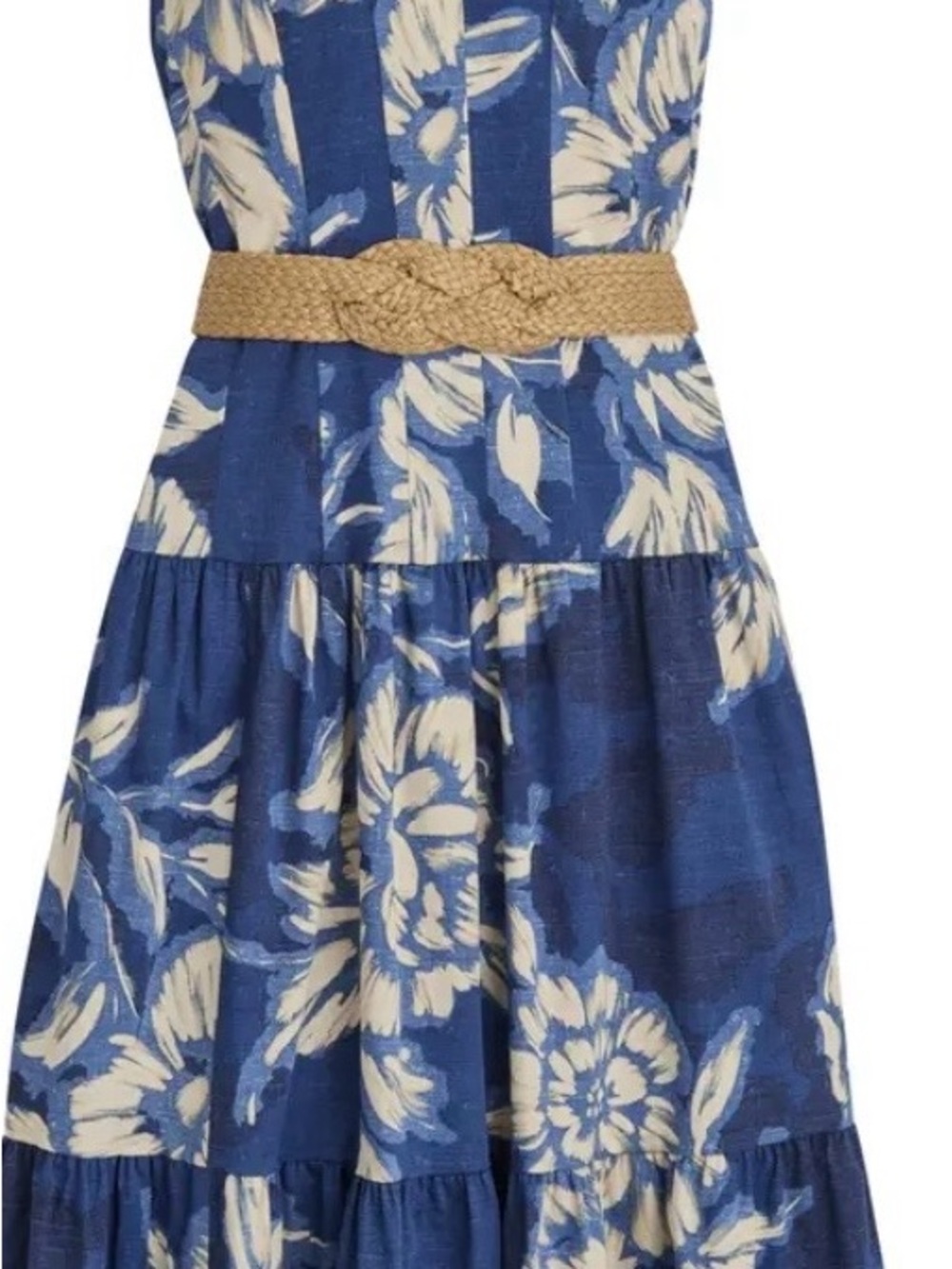 Donna Karan Women’s size 10 Blue Floral Tiered Dress with Braided Belt Boho